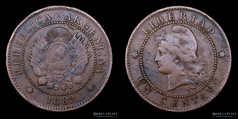 Argentina. 1 Centavo 1882. Ceca de Buenos Aires . CU; 25mm; 4.70g. Fecha escasa,...