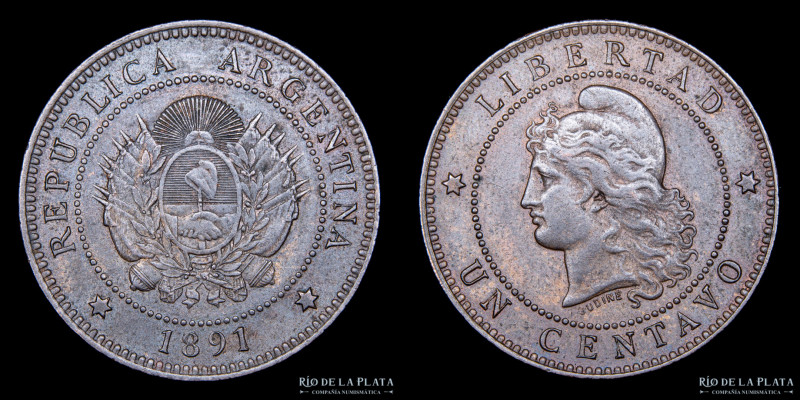 Argentina. 1 Centavo 1891. Buenos Aires mint. CU; 25.0mm; 5.00g. Fecha Escasa. C...