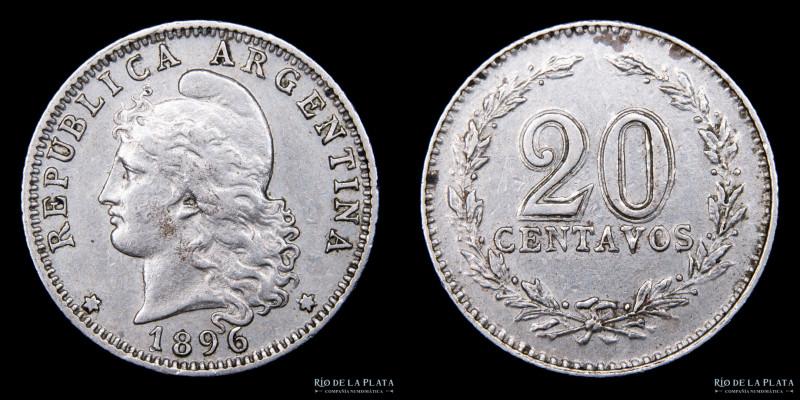 Argentina. 20 Centavos 1896. Cu-Ni; 21.5mm; 4.00g. CJ 52; KM36 (VF+)

Estimate...