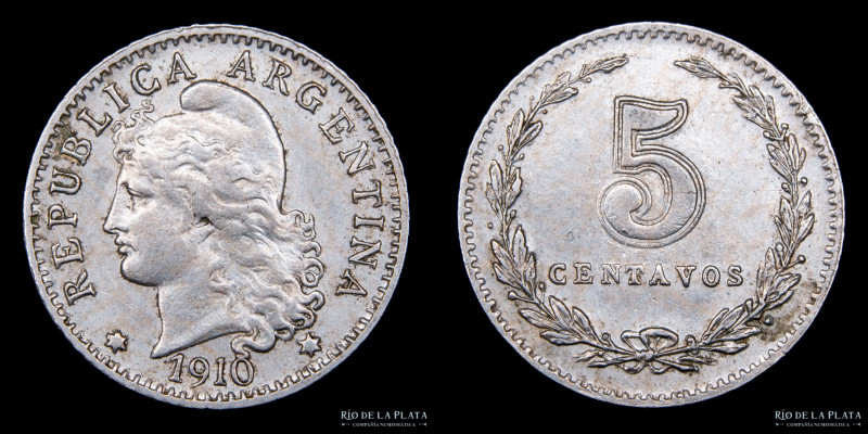 Argentina. 5 Centavos 1910. CuNi; 17mm; 2.00g. CJ 141; KM34 (AU)

Estimate: US...