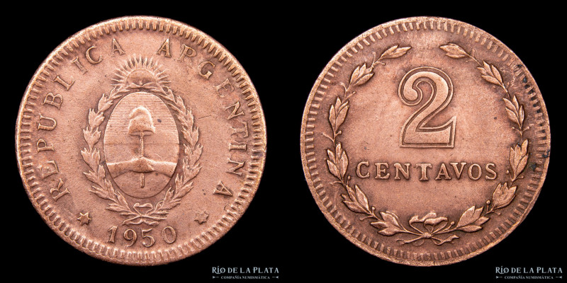 Argentina. 2 Centavos 1950. Escasa. CU; 20mm; 3.3g. Algo de debilidad de cuño pr...