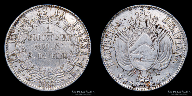 Bolivia. 1 Boliviano 1866 FP. AG.900, 36.0mm; 24.48g. KM152.2 (VF)

Estimate: ...