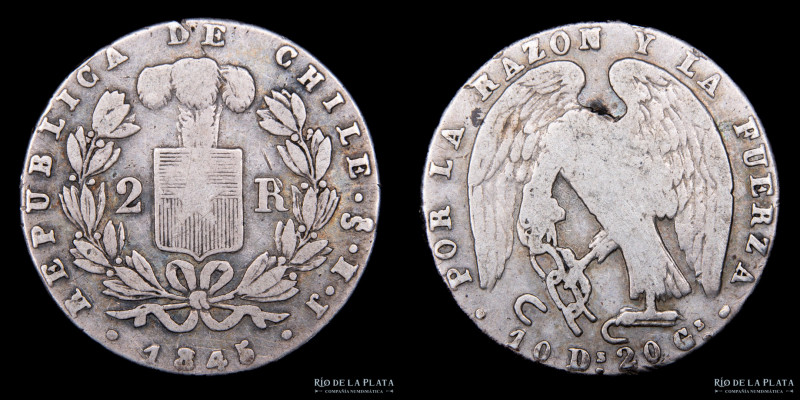 Chile. 2 Reales 1845 IJ. AG.902; 23.5mm; 5.80g. KM100.2 (F)

Estimate: USD 35 ...