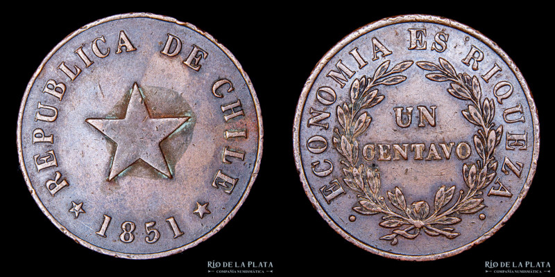 Chile. 1 Centavo 1851. CU; 30.0mm; 9.90g. KM119.3 (VF)

Estimate: USD 15 - 30