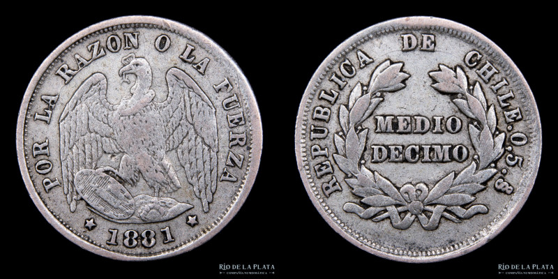 Chile. 1/2 Décimo 1881. AG.500; 15.5mm; 1.23g. KM137.3 (VF)

Estimate: USD 15 ...