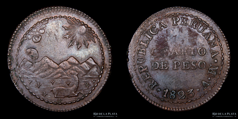 Perú. Quarto de Peso 1823. CU, 27.0mm; 8.36g. Acuñadas en Lima bajo las ordenes ...