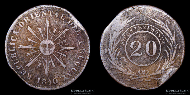 Uruguay. 20 Centésimos 1840. CU; 36.0mm; 25.60g. Solo 18.500 acuñadas en el Tall...