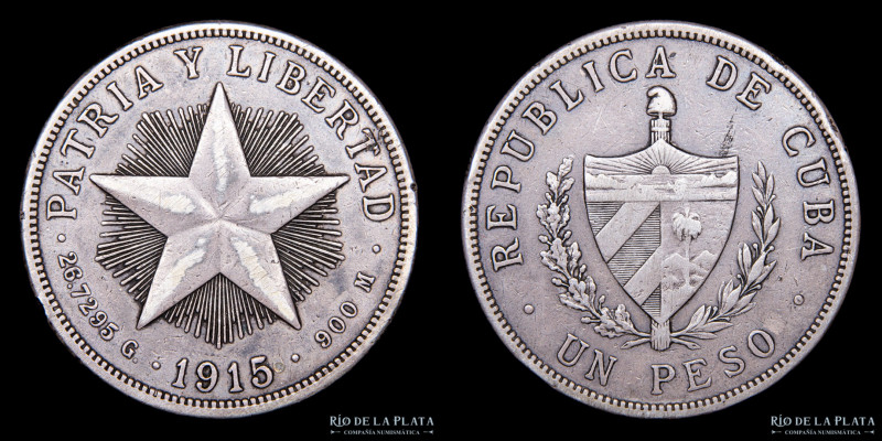 Cuba. 1 Peso 1915. AG.900; 38.0mm; 26.48g. KM15.2 (XF)

Estimate: USD 35 - 70