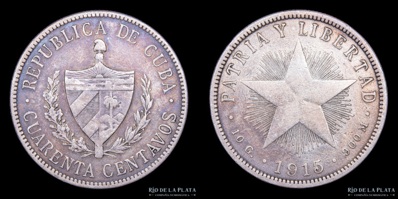 Cuba. 40 Centavos 1915. AG.900; 28.9mm; 9.81g. KM15.2 (XF)

Estimate: USD 25 -...