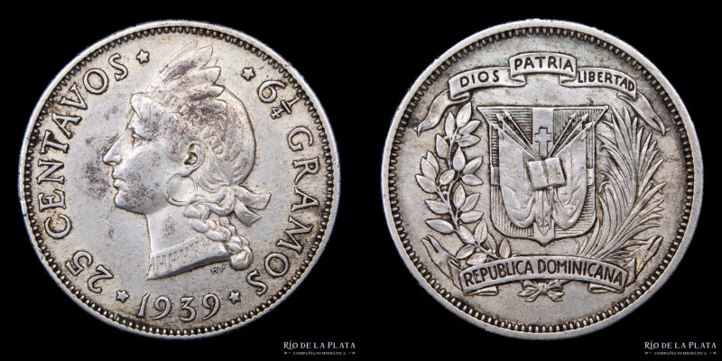 República Dominicana. 25 Centavos 1939. AG (.900); 23.5mm; 6.13g. KM20 (VF)

E...