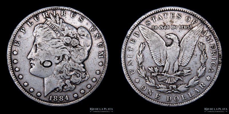 Estados Unidos. 1 Dollar Morgan 1884. AG.900, 38.1mm; 26.19g. KM110. Contrmarca ...