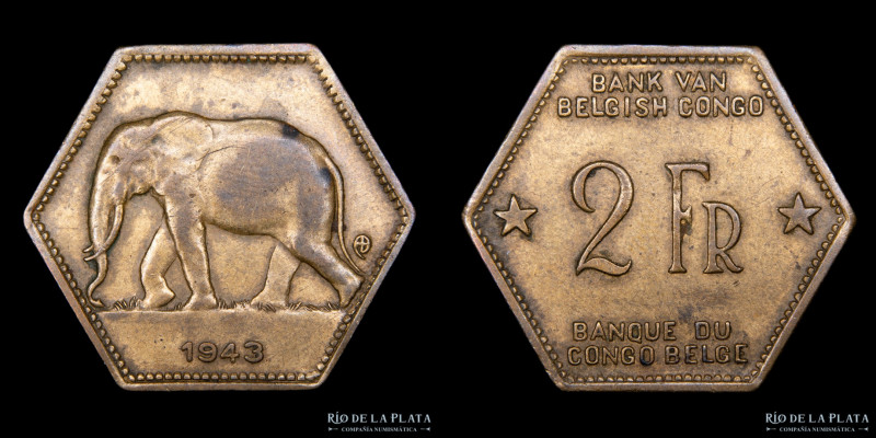 Congo Belga. 2 Francs 1943. Latón; 25 mm; 6g. KM25 (VF)

Estimate: USD 40 - 60...