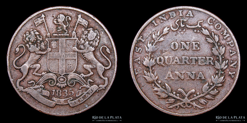 India Británica. East India Company. 1/4 Anna 1835. CU; 26.2mm; 6.20g. KM446 (VF...