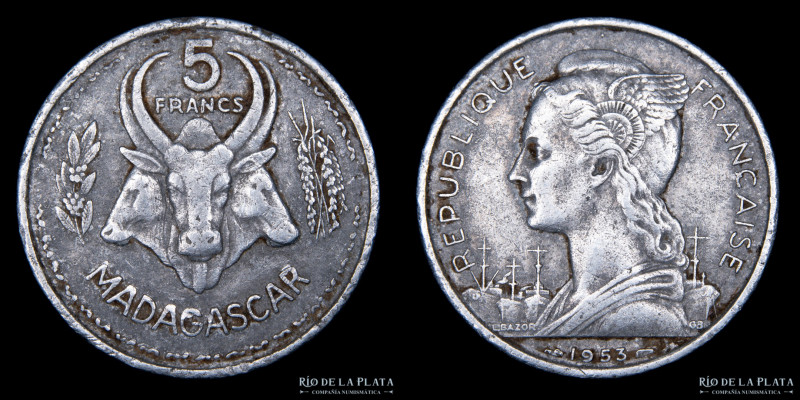 Madagascar. 5 Francs 1953. Aluminio; 31 mm; 3.9g. KM5 (F+)

Estimate: USD 10 -...