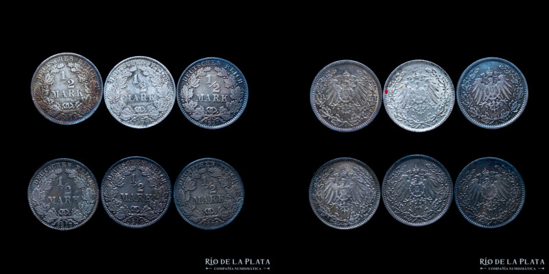 Alemania. Lote x6. 1/2 Mark 1914 A, 1916 D, 1917 A, 1917 D, 1918 A y 1918 D. AG....