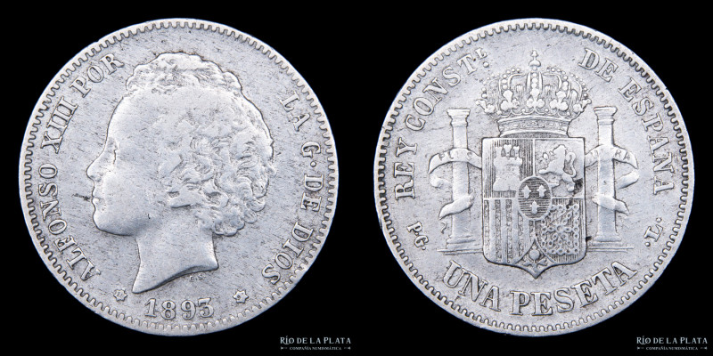 Reino de España. Alfonso XIII (1886-1931) 1 Peseta 1893 (93) PG-L. AG.900; 23.0m...