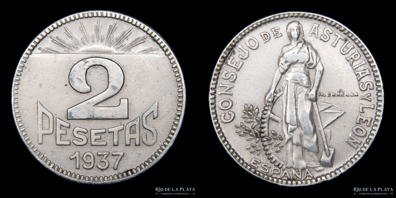 España. Asturias y Leon. 2 Pesetas 1937. Cu-Ni; 21mm; 7.96g. KM3 (VF+)

Estima...