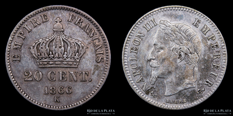 Reino de Francia. Napoleón III (1852-1870) 20 Centimes 1866 K, Ceca de Bordeaux....