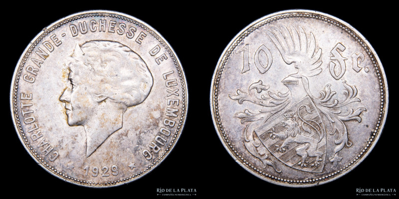 Luxemburgo. 10 Francs 1929. AG.750; 31.0mm; 13.5g. KM39 (F+)

Estimate: USD 20...