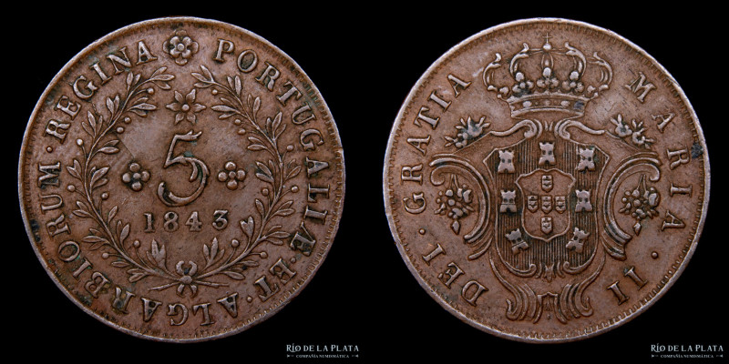 Portugal. María II. 5 Reis 1843. CU; 25.0mm; 3.70g. Fecha escasa (sólo 3.621 acu...