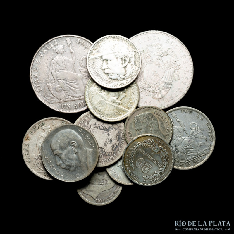 Sudamerica. Lote x 12 monedas de plata 1872-1945. Total 129.6g. Varias denominac...