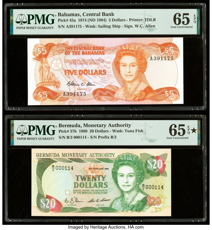Bahamas Central Bank 5 Dollars 1974 (ND 1984) Pick 45a PMG Gem Uncirculated 65 E...