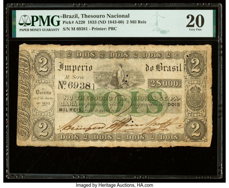 Brazil Thesouro Nacional 2 Mil Reis 1.6.1833 Pick A220 PMG Very Fine 20. Small h...