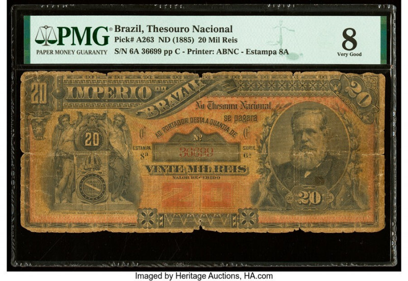 Brazil Thesouro Nacional 20 Mil Reis 1885 Pick A263 PMG Very Good 8. 

HID098012...