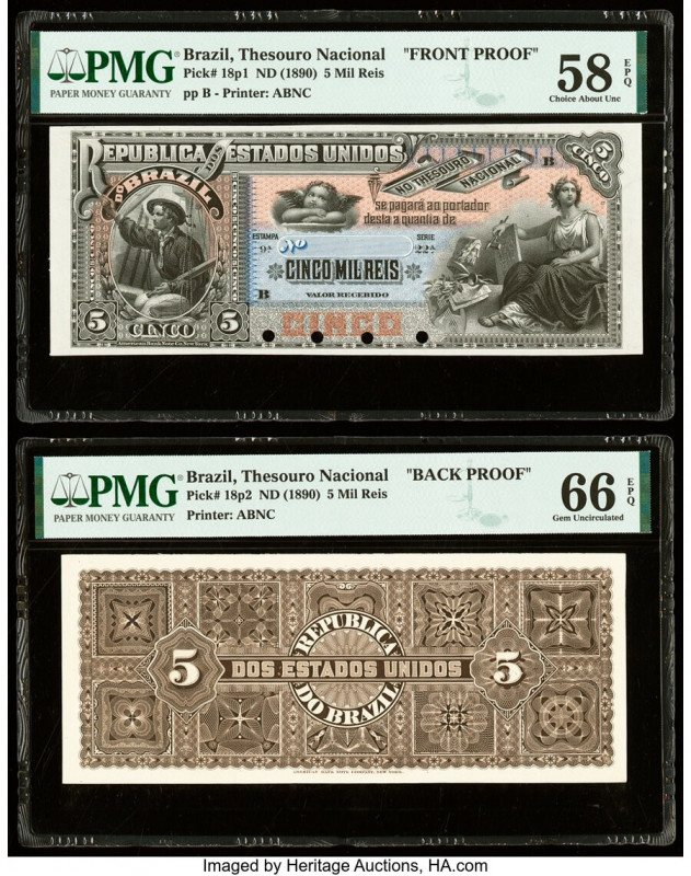 Brazil Thesouro Nacional 5 Mil Reis ND (1890) Pick 18p1; 18p2 Front and Back Pro...