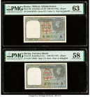 Burma Military Administration 1 Rupee 1940 (ND 1945); (ND 1947) Pick 25b; 30 Two Examples PMG Choice Uncirculated 63; Choice About Unc 58. Minor stain...