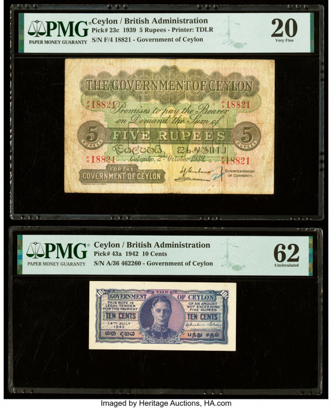 Ceylon Government of Ceylon 5 Rupees; 10 Cents 2.10.1939; 14.7.1942 Pick 23c; 43...