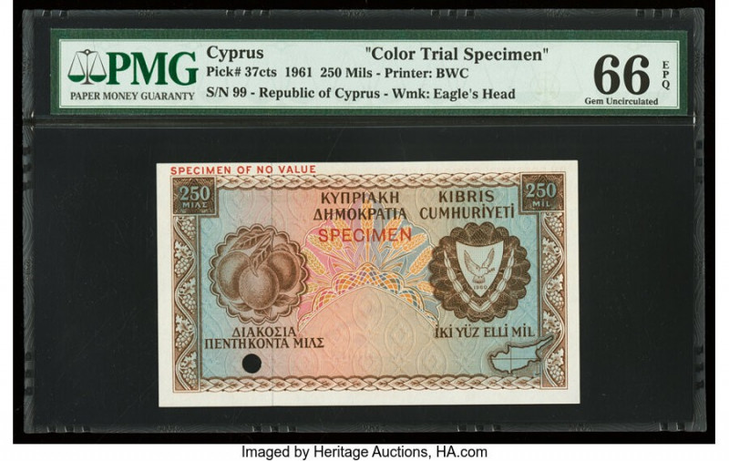 Cyprus Central Bank of Cyprus 250 Mils 1961 Pick 37cts Color Trial Specimen PMG ...
