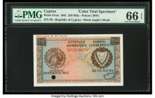 Cyprus Central Bank of Cyprus 250 Mils 1961 Pick 37cts Color Trial Specimen PMG Gem Uncirculated 66 EPQ. Red Specimen overprints and one POC noted.

H...