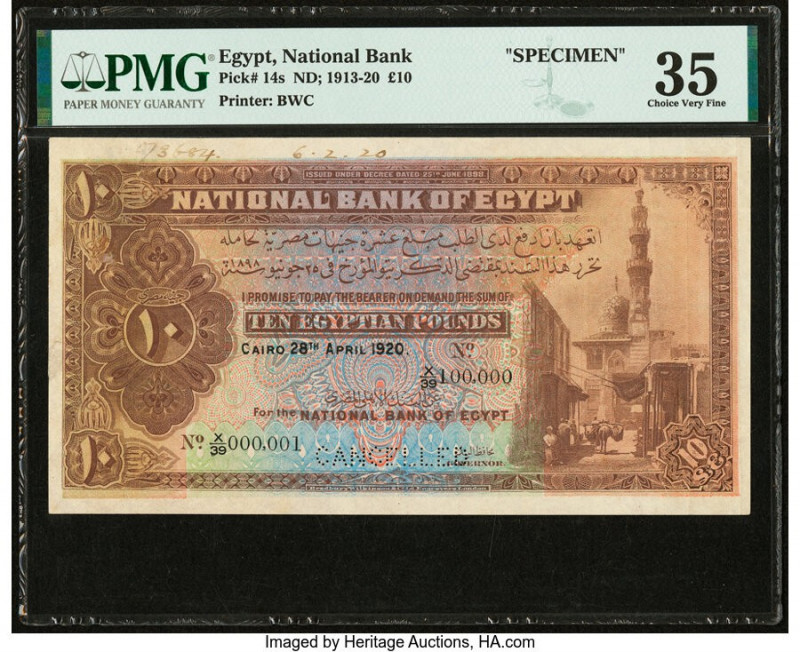 Egypt National Bank of Egypt 10 Pounds 28.4.1920 Pick 14s Specimen PMG Choice Ve...