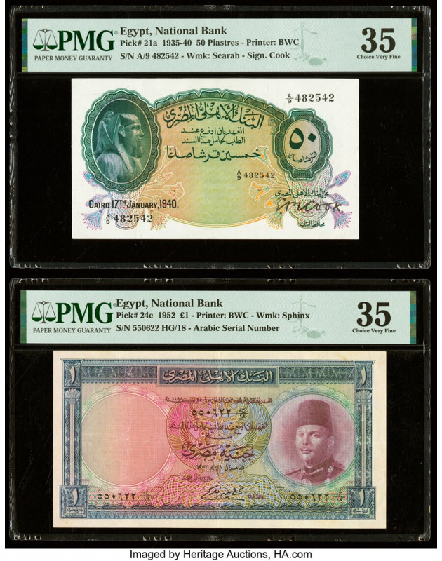 Egypt National Bank of Egypt 50 Piastres; 1 Pound 1935-40; 1952 Pick 21a; 24c Tw...