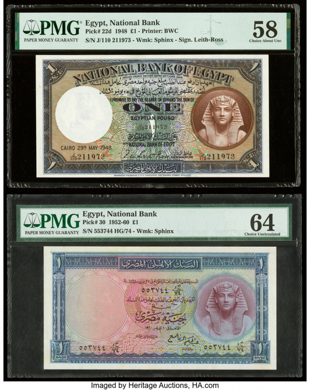 Egypt National Bank of Egypt 1 Pound 29.5.1948; 1952-60 Pick 22d; 30 Two Example...