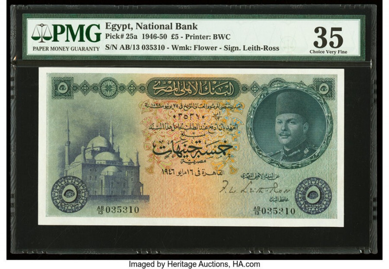 Egypt National Bank of Egypt 5 Pounds 1946-50 Pick 25a PMG Choice Very Fine 35. ...