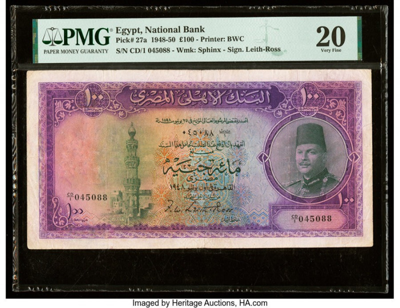 Egypt National Bank of Egypt 100 Pounds 1948-50 Pick 27a PMG Very Fine 20. Annot...