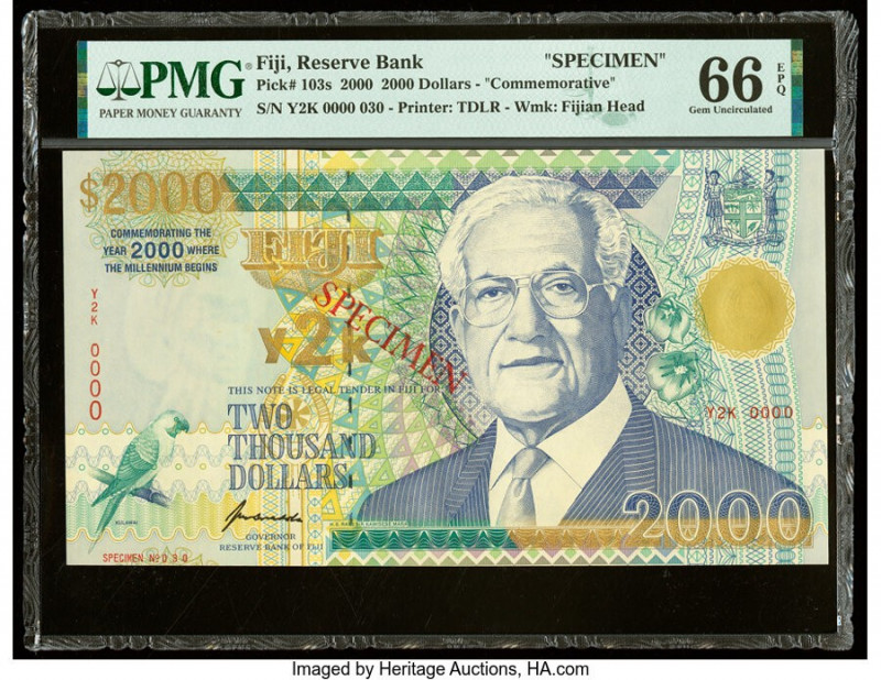 Fiji Reserve Bank of Fiji 2000 Dollars 2000 Pick 103s Commemorative Specimen PMG...