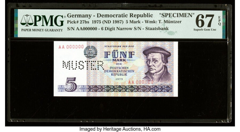 Germany Democratic Republic Staatsbank der DDR 5 Mark 1975 Pick 27bs Specimen PM...