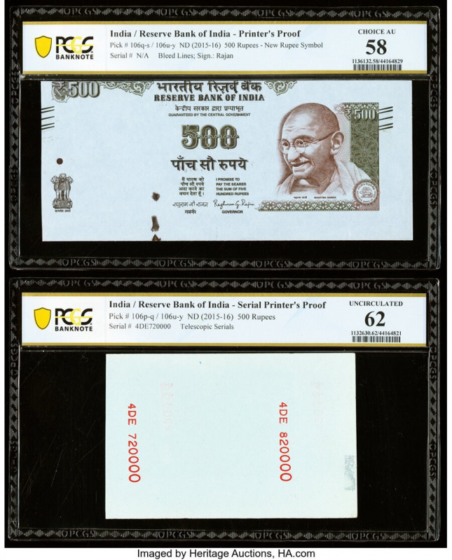 India Reserve Bank of India 500 Rupees 2015 Pick 106q Two Examples Printer's Pro...