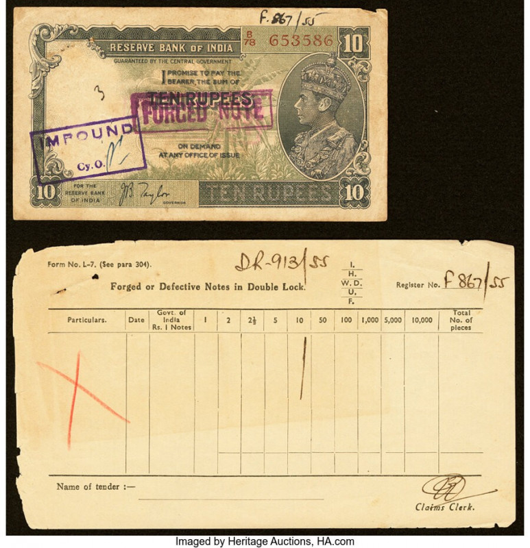 India Archival Counterfeit 10 Rupees and Register Record, Two Examples Very Fine...
