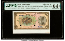 Iran Bank Melli 10 Rials ND (1934) / AH1313 Pick 25bs Specimen PMG Choice Uncirculated 64 EPQ. Selvage included, Specimen overprints and two POCs are ...