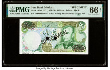 Iran Bank Markazi 50 Rials ND (1974-79) Pick 101as Specimen PMG Gem Uncirculated 66 EPQ. Black Specimen & TDLR overprints and two POCs are present on ...