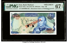 Iran Bank Markazi 200 Rials ND (1974-79) Pick 103cs Specimen PMG Superb Gem Unc 67 EPQ. Red Specimen & TDLR overprints and two POCs are present on thi...