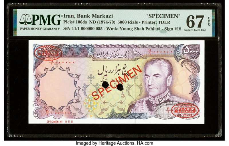Iran Bank Markazi 5000 Rials ND (1974-79) Pick 106ds Specimen PMG Superb Gem Unc...