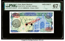 Iran Bank Markazi 200 Rials ND (1981) Pick 127As Specimen PMG Superb Gem Unc 67 EPQ. Red Specimen & TDLR overprints and two POCs are present on this e...