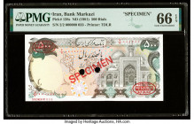 Iran Bank Markazi 500 Rials ND (1981) Pick 128s Specimen PMG Gem Uncirculated 66 EPQ. Red Specimen & TDLR overprints and two POCs are present on this ...