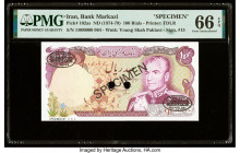 Iran Bank Markazi 100 Rials ND (1974-79) Pick 102as Specimen PMG Gem Uncirculated 66 EPQ. Black Specimen & TDLR overprints and two POCs are present on...