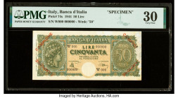 Italy Banco d'Italia 50 Lire 10.12.1944 Pick 74s Specimen PMG Very Fine 30. Red overprints, previous mounting and paper pulls are noted on this exampl...